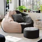 Kitepro 4XL Premium Faux Leather Beans Bean Bag with Footrest and Cushion Adult Size Filled with Beans Bean Bag, for Living Room | Ready to Use (Beige & Black, XXXXL)