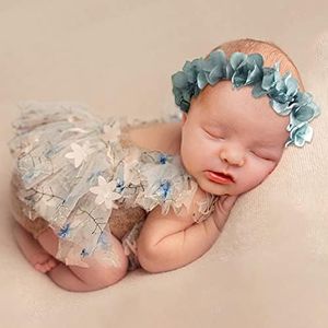 3 PCS Newborn Photography Props with Baby Lace Rompers Hat Flower Headband Vest Floral Classic Outfits for Girl Princess Twins Birthday Party