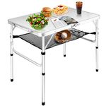 FURFIMU Medium Folding Table,2 Adjustable Height Foldable Table,3Ft Portable Camping Table,Outdoor Folding Table with Net Mesh，Folding Beach Table,White Metal Folding Table for Patio BBQ Backpacking