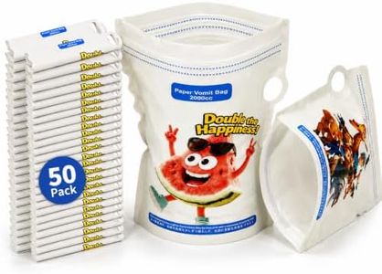 HeyFir Vomit Bags for Car Kids - Waterproof Paper, Dual Zipper Leakproof, Reinforced Wide Edges, Double-Sided Cartoon Design, 2000CC, Stand-Up Base & Carry Handle