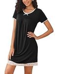 Hotouch Chemise Nightgowns for Women Comfy Nightshirt Short Sleeve Loose Sleepshirt Lace Trim Sleepwear Gown (Black, Small)