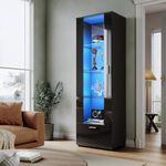 ELEGANT Black High Gloss Tall Display Cabinet with Glass Shelf and 16 colors LED Light Sideboards Single Door Modern Furniture for Living Room, H187xW60xD40cm