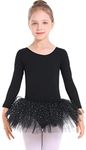 danswan Ballet Tutu Leotards Toddler Girls Short Sleeve with Glitter Skirt Dance Ballerina Outfit, Black（long Sleeve）, 10-12 Years