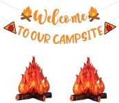 Camping Themed Party Decorations,Pre-strung Glitter Welocme to Our Campsite Banner with 3D Campfire,Camping Hiking Decor Camp Out Bachelorette Party Decorations