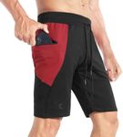 BROKIG Mens Stitching Athletic Shorts Sport Workout Short for Men with Zip Pockets(X-Large, Black and Red)