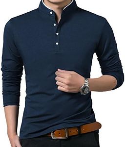 KUYIGO Men’s Casual Slim Fit Shirts Long Sleeve Polo Shirts Cotton Shirts Medium Navy