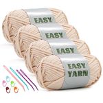 dipeer 4x50g Beige Yarn, Crochet & Knitting Yarn for Beginners Easy-to-See Stitches Chunky Thick Cotton Nylon Blend Yarn for Crocheting with Crochet Accessories