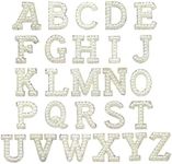 52Pcs Pearls Iron on Letter Patches A-Z, Embroidered Pearls Rhinestone English Letters, Iron Adhesive or Sew On Appliques for Clothing Jeans Caps (White)