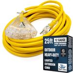 25 ft - 12 Gauge Heavy Duty Extension Cord - 3 Outlet Lighted SJTW - Indoor/Outdoor Extension Cord by Watt's Wire - 25' 12-Gauge Grounded 15 Amp Extension Cord