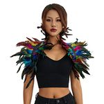 ESSECMBS Womens Realistic Feather Cape Costume Gothic Lacing Shawl Shrug Collar Feather Cloak for Halloween Cosplay Christmas Party (Colorful, Adult Size)