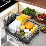 Dish Drying Rack for Kitchen Counter -Dish Racks Large Dish Rack with Drainboard, Rustproof Dish Drainer with Utensil Holder for Sink,Dish Drainer Black