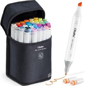 Ohuhu Markers Alcohol Based Double Tipped Art Markers for Kids, Adults Coloring Drawing Illustrations, 40 Unique Colors + 1 Colorless Alcohol Marker Blender + 1 Marker Case, Chisel & Fine Dual Tips