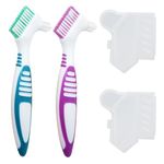 2 Pack Denture Brushes with Covers, Denture Cleaning Brushes Double Sided Denture Toothbrush, Rubber Anti-Slip Handle, Denture Care False Teeth Cleaner Tool (Purple&Green)