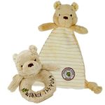 Rainbow Designs Winnie the Pooh Soft Toy Gift Set - Plush Comfort Blanket & Ring Rattle, Baby Present, Winnie the Pooh From Hundred Acre Wood, Newborn Super Soft Gift