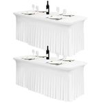2 Pack Spandex Fitted Table Skirts White Stretch Table Cloth with Skirt Washable Wrinkle Resistant Table Skirt for 6Ft Rectangle Tables,Table Cover with Wavy Drapesfor Weddings Banquets Events