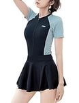 Sukany Ladies One Piece Swimsuit Zip Up Colorblock Short Sleeved Windproof Swimwear with Skirt Black L