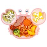 Black Olive Crab Silicone Suction Dinner Set Plates for Baby & Toddlers with Feeding Spoon and Fork Set | Baby-Led Self Feeding Training Divider Plate with Easy Grip Handle Spoon & Fork (Pink)