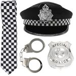 Police Fancy Dress Hat Handcuffs Badge and Black White Check Tie