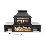 Deko Living Rimasco 80-Inch Metal Wood Burner Fireplace with Side Storage Tables - Wood Burning Fire Pit for Home - Smokeless Patio Fire Pit - Fire Space Heater for Indoor and Outdoor