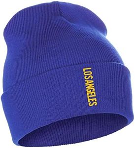 Daxton Vertical USA Cities Cuffed Beanie Winter Knit Hat Skully Cap, Los Angeles Royal Gold