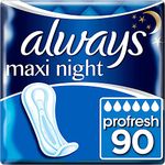 Always Maxi Profresh Night Sanitary Towels, 90 Towels (9 x 10 Packs), Odour Neutraliser, Super Absorbent Core