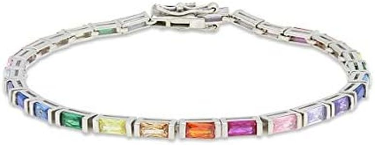 AFFY 14k White Gold Plated 925 Sterling Silver Colourful Rainbow Baguette Sparkling Multi Color Gemstone Tennis Bracelet for Women (6.5, White-gold-plated-silver)