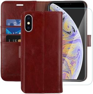 MONASAY Wallet Case Compatible for iPhone Xs MAX, 6.5-inch, [Glass Screen Protector Included] [RFID Blocking] Flip Folio Leather Cell Phone Cover with Credit Card Holder, Burgundy