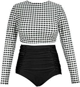 COCOSHIP Gray White Gingham Check & Black Women's Bath Suit Retro Long Sleeve Swim Shirt Rash Guard Top Tankinis High Waist Swimwear 12