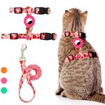 Cat Harness and Leash Escape Proof for Walking Travel Outdoor - Cute Strawberry Nylon Adjustable Cute Cat Harness Leash Set with Airtag Holder for Small Large Cats