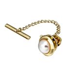 AMITER Mens Crystal Tie Tack Round Tie Pin with Chain Gold Tone Tie Pin in Gift Box Wedding Birthday Anniversary Party, Metal, imitation pearl