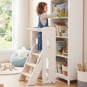 PlayPals Learning Tower Toddler Tower, Foldable & Adjustable Height Toddler Step Stool, Full Safety Rail, Non-Slip Foot Pads, Kitchen Stool Helper for Bedroom, Bathroom, White & Brown