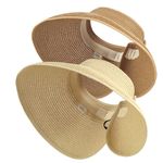 2Pcs Foldable Straw Sun Visor Hats,Wide Brim Ponytail Summer Beach Hat, Protect Your Skin Easily Perfect for Women Summer Vacation (Natural +Beige)