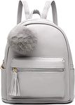 Mini Backpack Purse for Women Teenage Girls Purses PU Leather Backpacks Casual Daypack Shoulder Bag with Pompom (Grey)