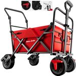 BEAU JARDIN Collapsible Folding Beach Wagon Cart Foldable All Terrain Wagon with Brake Free Standing Utility Camping Grocery Portable Rolling Outdoor Garden Sport Heavy Duty Shopping Push Red