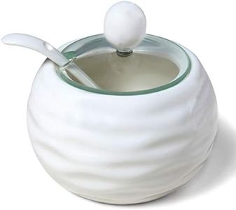 Kitchenexus Ceramic Sugar Bowl, Modern Porcelain Sugar Bowl with Glass Clear Lid and Spoon 8.8oz/250ml in White Weave Shape, Suit for Coffee Bar, Restaurant, Kitchen and Home breakfast