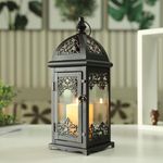 JHY DESIGN Decorative Candle Lantern 13.5" High Metal Candle Lanterns Vintage Style Hanging Lantern for Indoor Outdoor, Events, Parities,Weddings(Black with Red Brush)