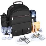 Sunflora Insulated Picnic Backpack for 2 Person Bag with Cooler Compartment, Wine Pouch, Blanket and Stainless Steel Cutlery Set for Couple, Lovers and Friends (Black)