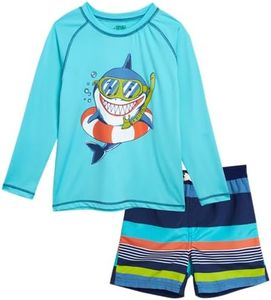 Quad Seven Boys' Rash Guard Set - 2 Piece Bathing Suit Trunks and Long Sleeve Rash Guard Swim Shirt - Swimwear Set (2T-7), Size 2T, Aqua Shark