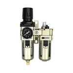 Compressed Air Filter Regulator Lubricator Combo with Gauge 3/8" NPT Poly Cup with Aluminum Alloy Cover, Manual Drain, 5 μm