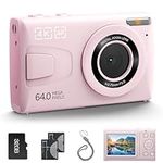 4K Digital Camera with 32GB Card 64MP Kids Camera 18X Zoom 2 Batteries Compact Portable Small Point and Shoot Cameras Gift for Kid Student Children Teen Girl Boy Pink