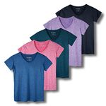 5 Pack: Womens V Neck T-Shirt Ladies Yoga Top Athletic Tees Active Wear Gym Workout Zumba Exercise Running Essentials Quick Dry Fit Dri Fit Moisture Wicking Basic Clothes - Set 7,M