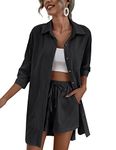 Zeagoo Women 2 Piece Outfit Sets Loose Fit Tracksuit Oversized Striped Tops Shirt and Loose High Waisted Mini Shorts Set