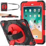 SEYMAC stock Case for iPad 6th/5th Generation/Air 2/Pro 9.7 inch with MeshDesign, Pencil Holder [360° Rotating Snap Hand Strap] Stand, Shockproof Case for iPad 9.7'' 2018/2017 (Black+Red)