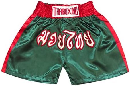 SIAMKICK Youth Light Muay Thai Shorts for Kids (4 Years - 12 Years) Boxing Kickboxing MMA Training Trunk for Boys and Girls, Green & Red, X-Small
