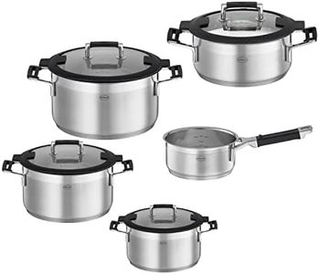 RÖSLE Silence PRO 5-Piece Saucepan Set, Universal Pot Set with 3 Cooking Pots, 1 Stewing Pot and 1 Saucepan, 18/10 Stainless Steel, Glass Lid, Scale on The Inside, Induction and Dishwasher Safe