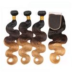 YanT HAIR 8A Grade Peruvian Virgin Hair Body Wave Human Hair Weave Bundles 14 16 18 with 12" Free Part 4 * 4 Lace Closure #T1b/4/27 Color