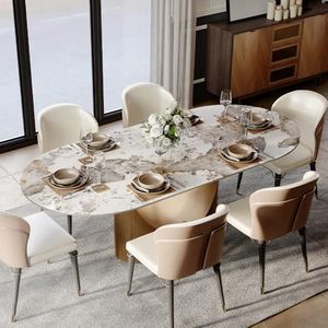 POVISON Modern Dining Table,79" Oval Sintered Stone Table with Bronze Carbon Steel Base for Dining Room,Kitchen,Home Office,Scratch and Heat Resistant,Pandora(Table Only)