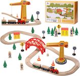 SainSmart Jr. Wooden Train Set for Toddler, 41pcs Wood Train Track w/Crane Fits Brio, Thomas, Melissa and Doug, Kids Wood Toy Train for Kids Ages 3+