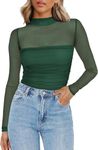 Zeagoo Women's Sheer Mesh Long Sleeve Tops Mock Turtle Neck Ruched Trendy Going Out Dressy Casual Shirts Blouse Green