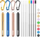 4 Pack Portable Reusable Metal Straw Collapsible Stainless Steel Drinking Straw Telescopic Straw to Drink Water Smoothie with Aluminum Key-chain Case & Cleaning Brush （Black & rose gold & blue & gold）